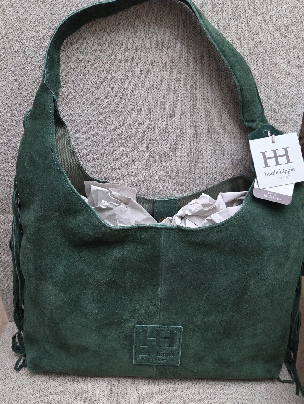 Haute Hippie Dark Green Suede Hobo Bag with Fringe NWT - Picture 11 of 17